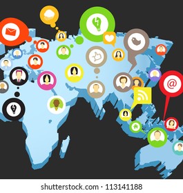 Esquema de redes sociales en el mapa de la Tierra en perspectiva