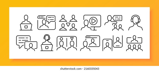 Icono de conjunto de redes sociales. Trabajar en una laptop, sitio web, diseñador, medios, comunicación, música, auriculares, perfil, educación. Concepto en línea. Icono de línea de vector para negocios y publicidad