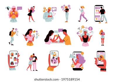 Social network set of isolated icons with human hands holding smartphones with doodle characters and signs vector illustration