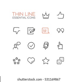 Social Network Signs - modern vector simple thin line design icons set. Crown, like, dislike, post, message, quote, chat, check, phone, click star heart emoticon