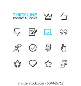 Social Network Signs - Modern Vector Simple Thick Line Design Icons And Pictograms Set. Crown, Like, Dislike, Post, Message, Quote, Chat, Check, Phone, Click Star Heart Emoticon