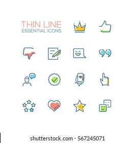 Social Network Signs - modern vector simple thin line design icons and pictograms set with accent color. Crown, like, dislike, post, message, quote, heart, emoticon. Material design concept symbols