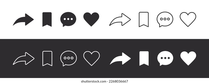 Social network signs set. Like, comment, share and save icons. Social media functional icons. Vector images