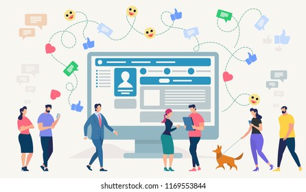 Social Network Site and Emoji Art Concept. Communication systems, Digital Technologies and Messaging. Networking People and Communication Set. People Connecting. Flat style Vector Illustration.