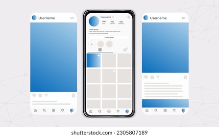 Social network at smartphone. Posts and stories, online communication and interaction, interesting content. Template, layout and mock up. UI and UX design for mobile app. Flat vector illustration