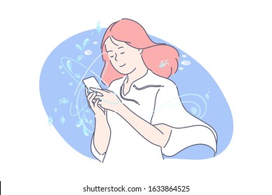 Social network or smm concept. Happy woman blogger communicates in social media. Young girl is addicted to social networks. Student uses mobile phone for typing messages. Simple flat vector