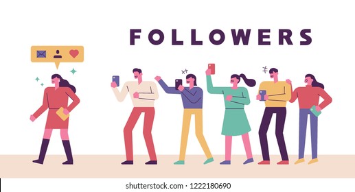A social network star and character set to follow her. flat design style vector graphic illustration