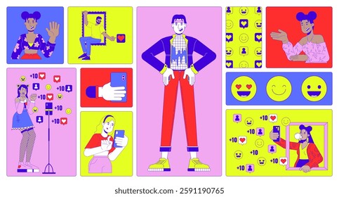 Social network stars bento grid illustration set. Popular personalities on social media 2D vector image collage design graphics collection. Bloggers streaming flat characters moodboard layout