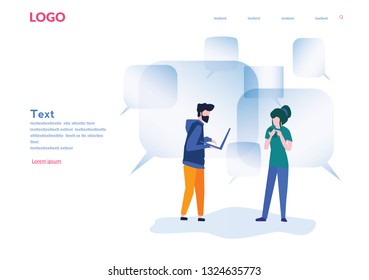 Social Network,  stay connected, people connecting all over the world, Young People Characters Chatting, online community, for web page, banner, presentation, social media, vector illustration. 