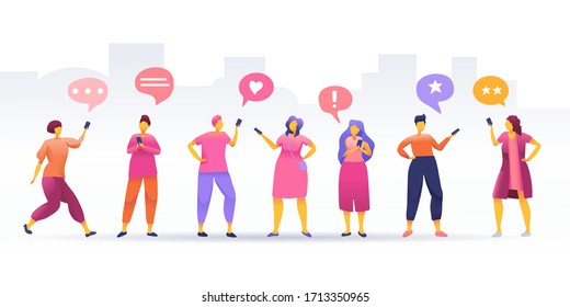 Social Network, stay connected, people connecting all over the world, Young People Characters Chatting, online community, for web page, banner, presentation, social media, vector illustration.