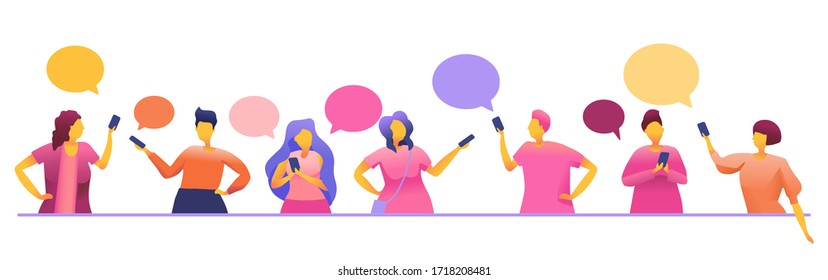 Social Network, stay connected, people connecting all over the world, Young People Characters Chatting, online community, for web page, banner, presentation, social media, vector illustration.