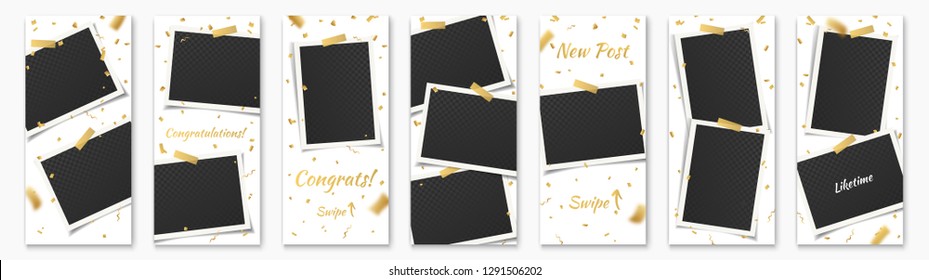 Social Network Stories Background Template Set with Photo Frames, Adhesive Tape, Golden Confetti and text: Congrats, Congratulation, Swipe, Liketime for Insta Story. Vector Social Media Design.