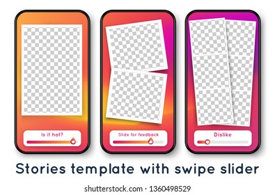 Social network stories template with  transparent photo frame and emoji slider. Vector smartphone mockup. Subscribers feedback swipe up poll. Trendy abstract mobile background. 