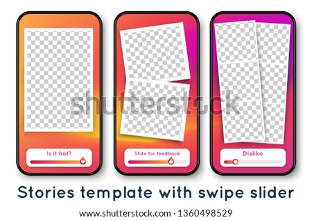 Social network stories template with  transparent photo frame and emoji slider. Vector smartphone mockup. Subscribers feedback swipe up poll. Trendy abstract mobile background. 