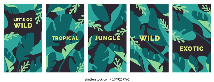 Social network stories templates. Exotic backgrounds with tropical leaves. Vector illustration.