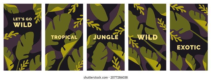 Social network stories templates. Exotic backgrounds with tropical leaves. Vector illustration.