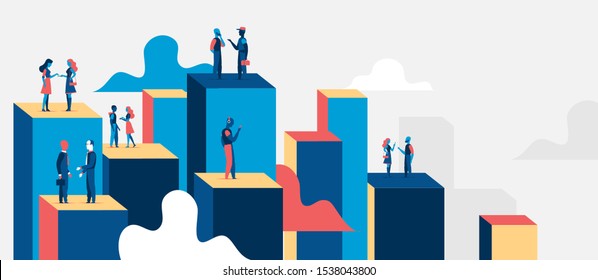 Social network structure organization. People standing on different levels platforms. Vector illustration