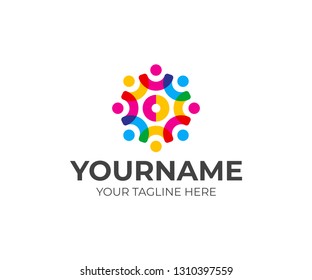 Social network team logo design. Community of people in the shape of a gear vector design. Teamwork logotype