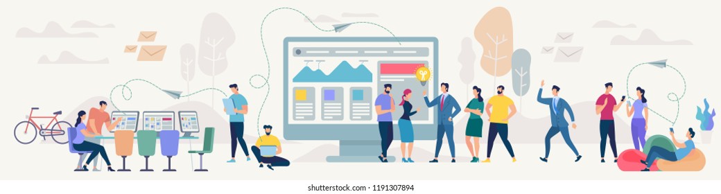 Social Network and Teamwork Concept. Communication systems and Digital Technologies. Networking People and Human Communication Set. Men and Women Talk. Flat style Vector Illustration.