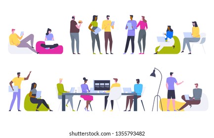 Social Network and Teamwork Concept. Communication systems and Digital Technologies. Networking People and Human Communication Set. Men and Women Talk. Flat style Vector Illustration