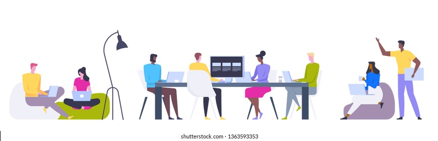 Social Network and Teamwork Concept. Communication systems and Digital Technologies. Networking People and Human Communication Set. Men and Women Talk. Flat style Vector Illustration