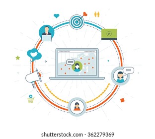 Social network and teamwork concept. Teamwork and communication. Social worker. Online communication and social media concept. Strategy for successful business. Color line icons