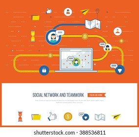 Social network and teamwork concept. Teamwork and communication. Social worker. Data protection and safe work. Social media concept.  Investment growth.  Investment management. Strategy planning icons