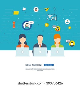 Social network and teamwork concept. Teamwork and communication. Social worker. Online communication and social media concept. Strategy for successful business. Color line icons
