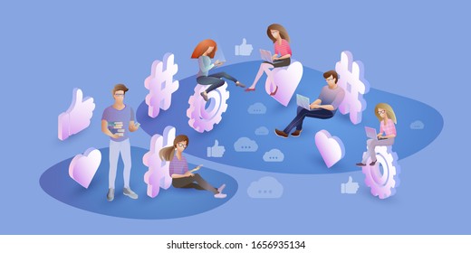 Social network and teamwork concept. People using mobile gadgets, laptop, smartphone. Chatting, Blogging. Digital marketing, business strategy. Flat character design. Vector illustration. 
