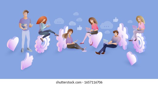 Social network and teamwork concept. People using mobile gadgets, laptop, smartphone. Chatting, Blogging. Digital marketing, business strategy. Flat character design. Vector illustration. 