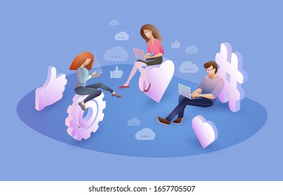 Concepto de redes sociales y trabajo en equipo. Gente usando dispositivos móviles, laptop, smartphone. Hablando, blogueando. Marketing digital, estrategia de negocios. Diseño de carácter plano. Ilustración vectorial. 