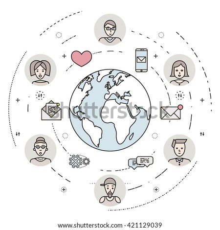 Social network and teamwork concept. People communication concept with male and female avatars and social network icons. Internet online meeting and coworking Flat, thin line design. EPS 10.