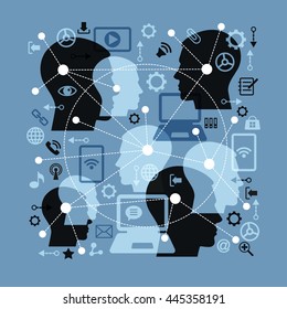 Social network and teamwork concept. Silhouette human heads. Abstract network - point connected by dotted lines. Icons adverse communication and technology. 

