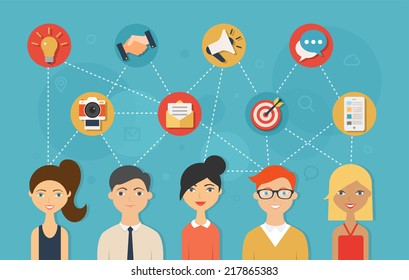 Social network and teamwork concept for web and infographic. Flat style vector illustration 