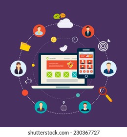 Social network and teamwork concept for web and infographic. Flat style vector illustration