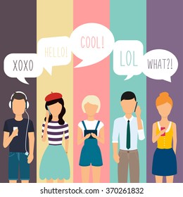 Social network and teamwork concept for web and info graphic. Business people with colorful dialog speech. Communication Systems and Technologies.
