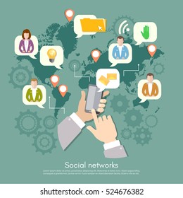 Social network and teamwork on world map background. Devices connecting people. Social network concept 