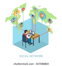 Social network and teamwork on-line concept for web and infographic. Isometric style vector illustration