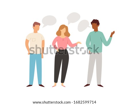 Social network and teamwork, people communication concept for web and infographic flat style vector illustration. Man and woman communicating cartoon characters, speach bubbles, social network.