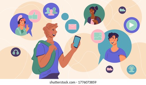 Social network and teamwork, people communications concept with cartoon characters. People discuss news, chatting and messaging. Banner with dialogue speech bubbles, flat vector illustration.
