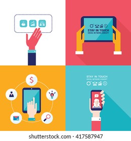 Social Network Technology Banner set People using various electronic devices 