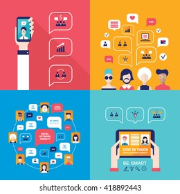 Social Network Technology Banner set People using various electronic devices Tablet and Mobile phone applications