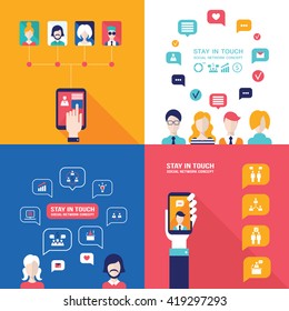 Social Network Technology Banner set People using various electronic devices Tablet and Mobile phone applications