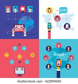 Social Network Technology Banner set People using various electronic devices Tablet and Mobile phone applications