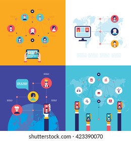 Banner de tecnología de redes sociales Personas que utilizan diversos dispositivos electrónicos Aplicaciones de Tablet y teléfonos móviles