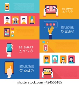 Social Network Technology Banner set People using various electronic devices Tablet and Mobile phone applications