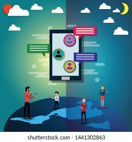 Social network technology,Day and night chatting around the world - vector Illustration