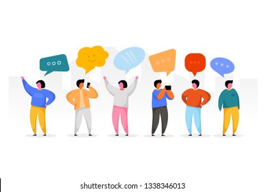 Social Network Template. Group of Young People Characters Chatting and speaking. Virtual Communication Concept. Vector illustration