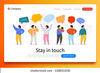 Social Network Template. Group of Young People Characters Chatting and speaking. Virtual Communication Concept. Landing web page. Vector illustration