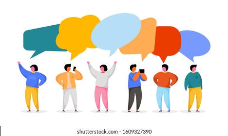 Social Network Template. Group of Young People Characters Chatting and speaking. Virtual Communication Concept. Vector illustration